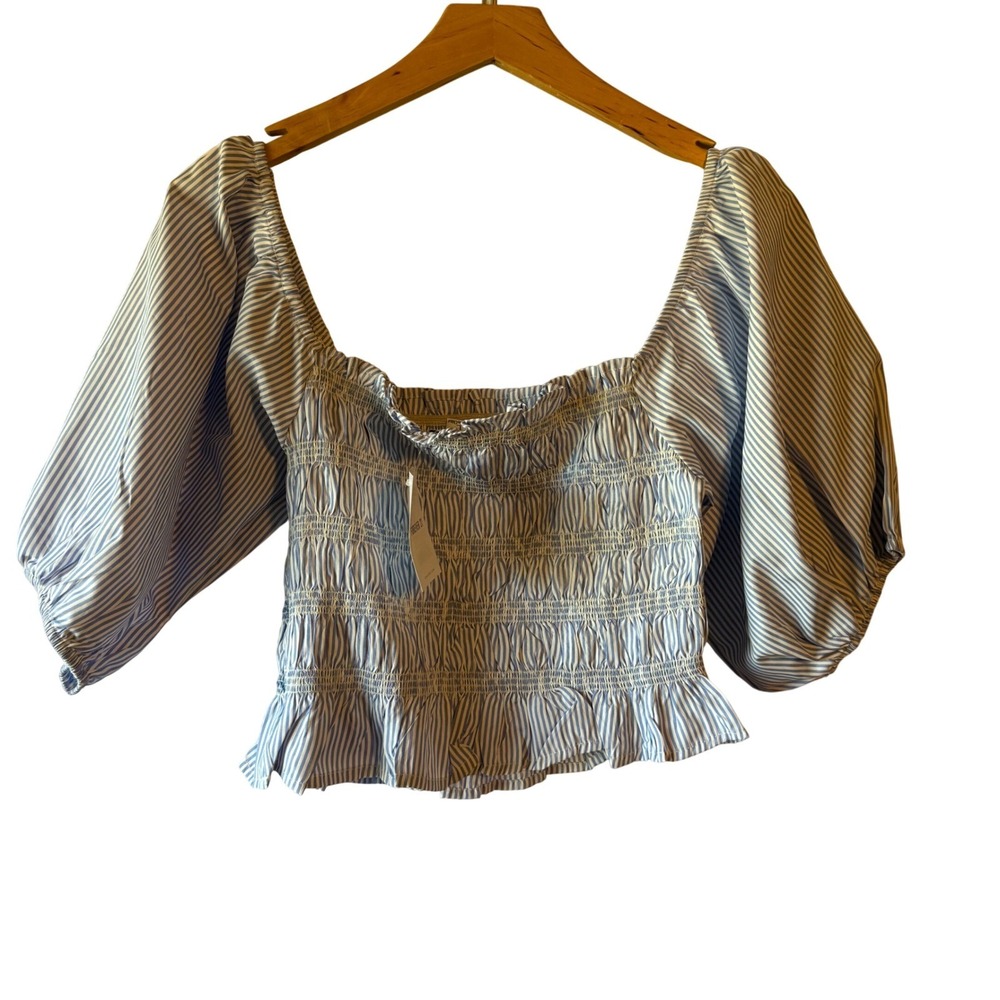 New Blue White Stripe Smocked Square Neck Peplum Crop Blouse Size L cottagecore - Picture 2 of 8